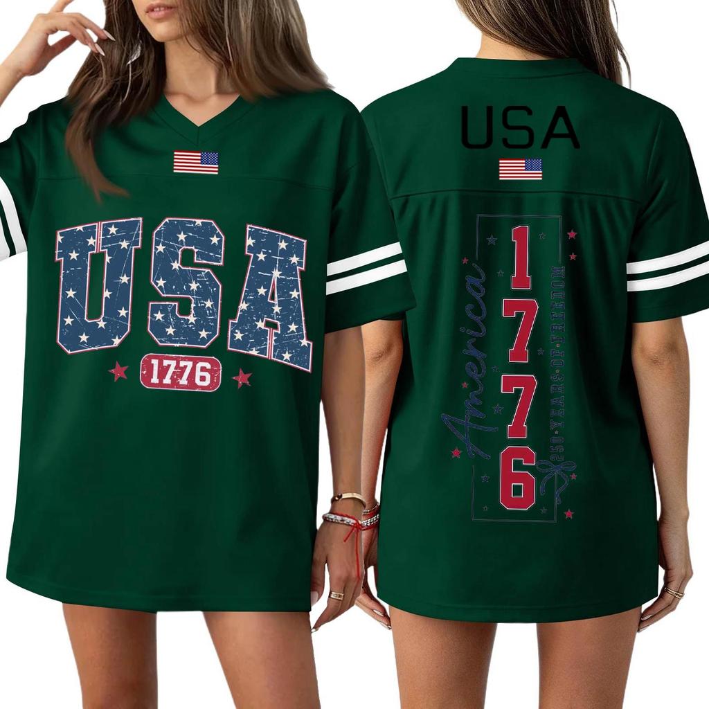 Damen Casual Mode V-Ausschnitt Sport Unabhängigkeitstag Druck Kurzarm Sport T-Shirt Top