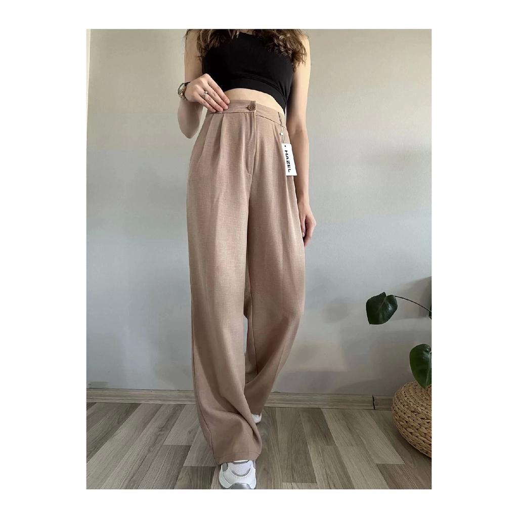 Women's Oil Green High Waist Linen Palazzo Pants