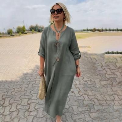 Women Dress V Neck Button Decor Long Sleeve Loose Solid Color Plus Size Mid-calf Length Simple Style Commute Daily Wear Midi Dress