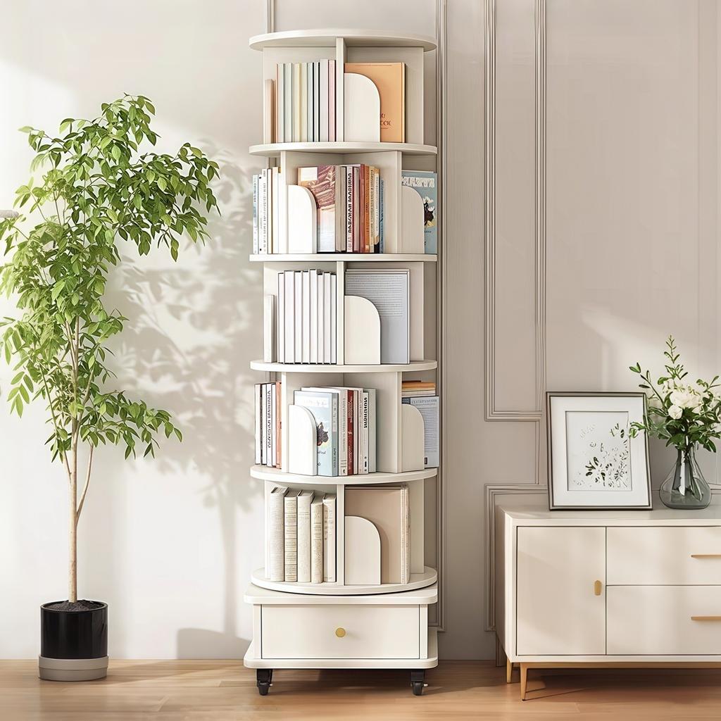 Libreria Rotante a 6 Piani, Scaffale Rotondo a 360 Gradi, Ruote e Cassetto, Scaffale Salvaspazio per Stanze Piccole – Ideale per Camera da Letto, Soggiorno, Casa, Ufficio