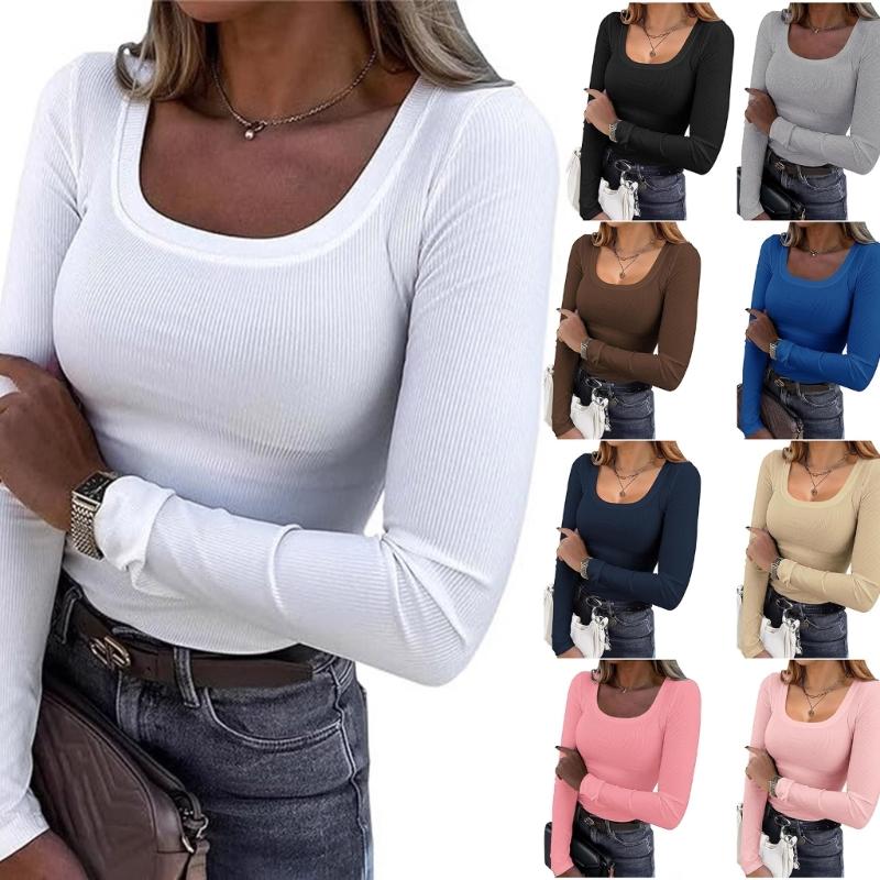Womens Long Sleeve Shirt Square Neck Tops Ribbed Knit Basic Tee Top Teen Girls Fall Outfits Fashion Clothes 2026