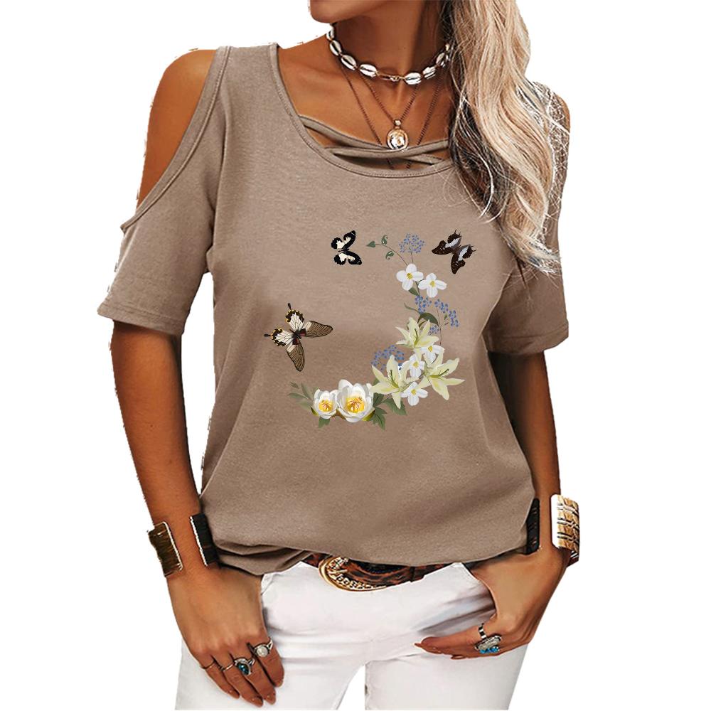 Γυναικεία Μόδα Μπλουζάκι με Στρογγυλή Λαιμόκοψη Καλοκαιρινό Μπλουζάκι με Ανοιχτούς Ώμους και Κοντά Μανίκια Γυναικείο Καθημερινό T-shirt με Φλοράλ Μοτίβο