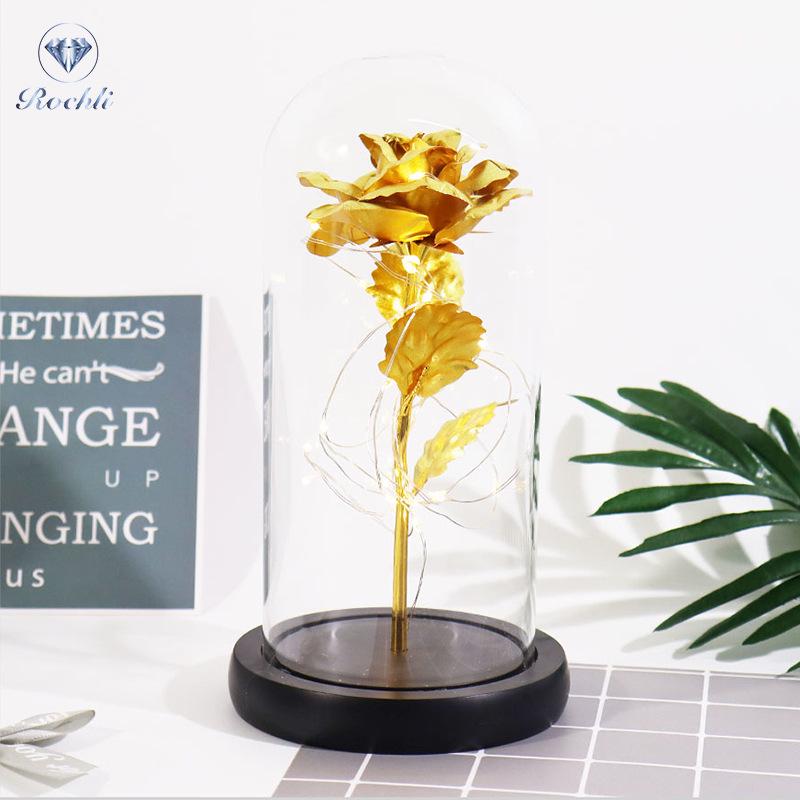 Gold Foil Rose Eternal Flower Glass Cover Gift for Valentine's Day, Christmas, New Year