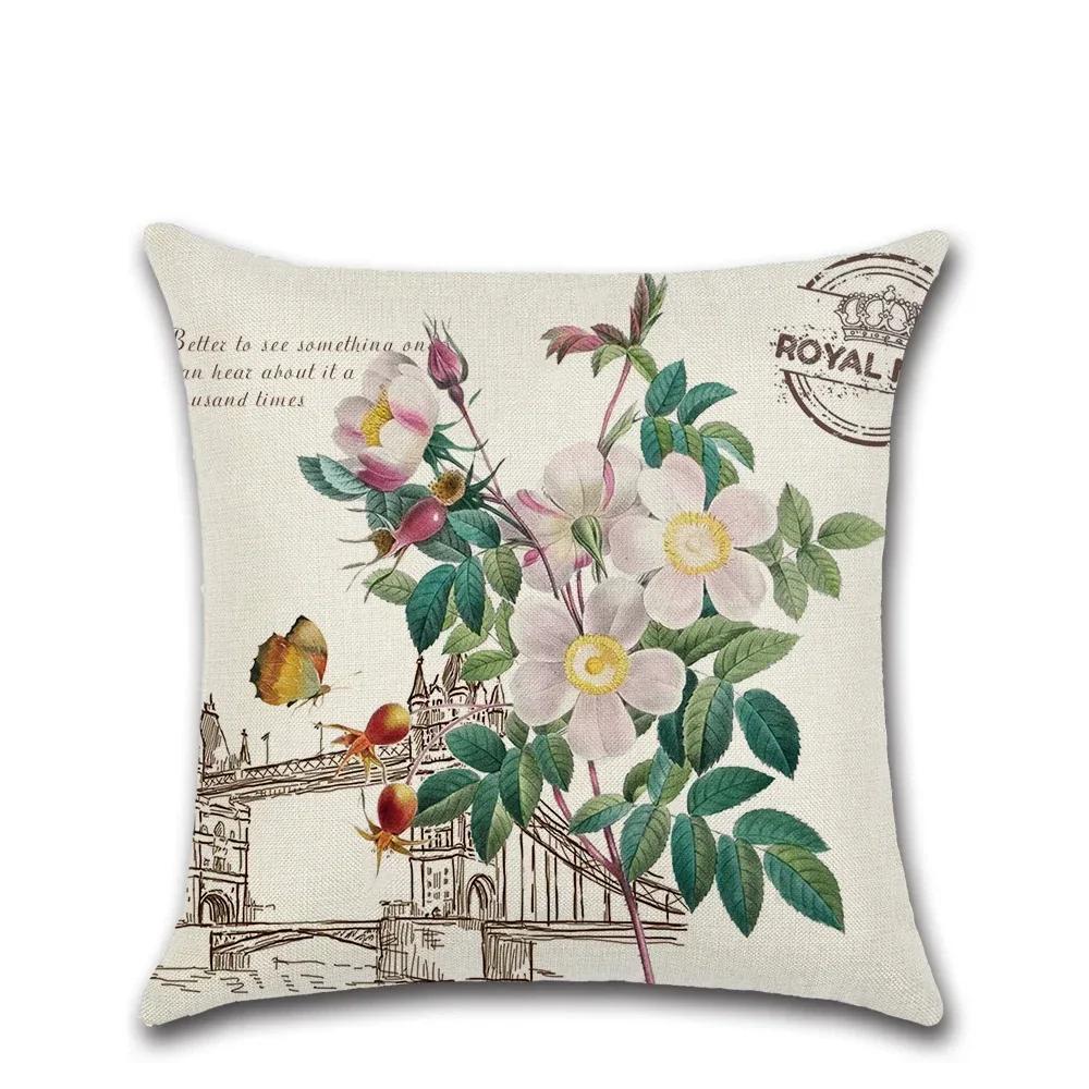 New European Retro Flowers Linen Cushion Cover Classical Floral Pillow Case Vintage Decorative Sofa Throw Pillow Cover 45X45Cm