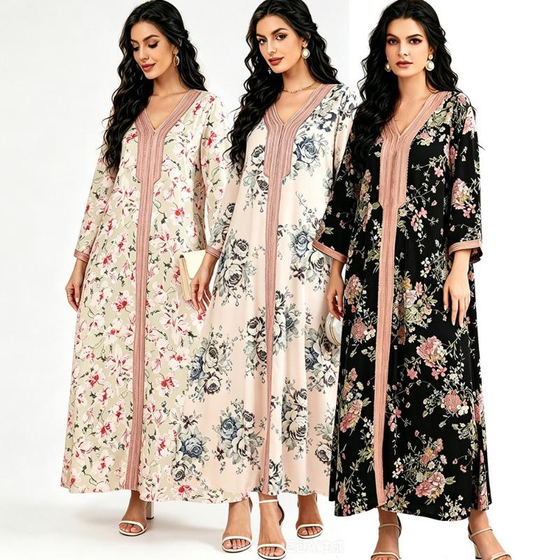 Women Elegant Ethnic Style Loose Plus Size Floral Print Long Dress