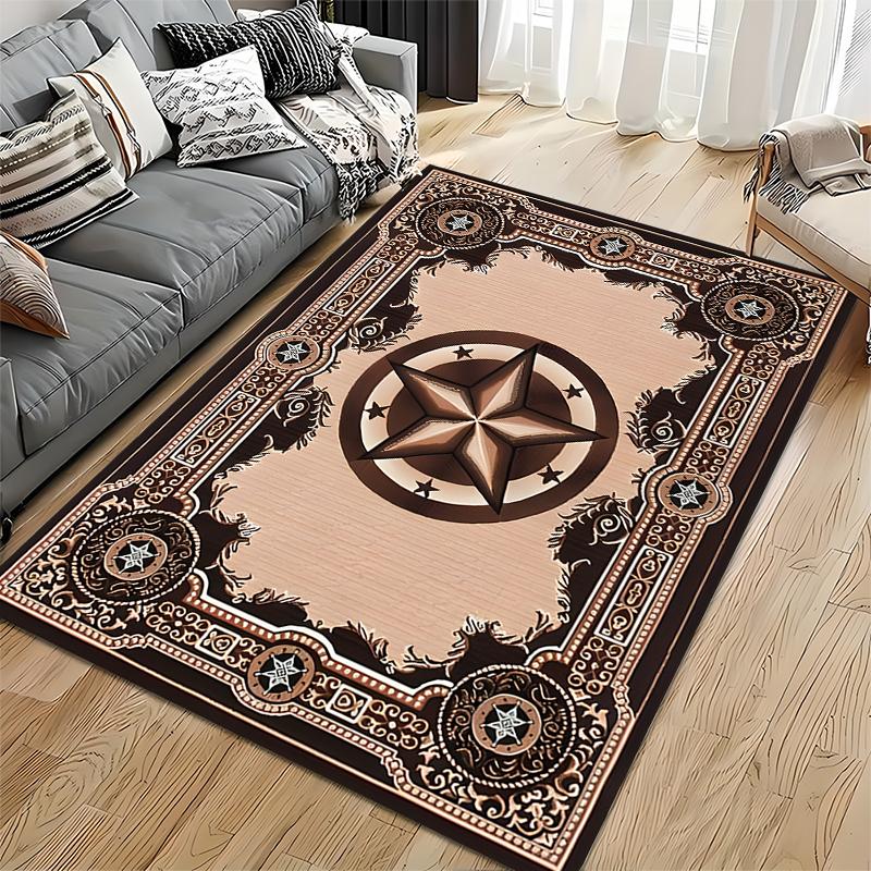 Elegant Star Motif Brown Rug Non-slip Rug Suitable for Living Room and Bedroom Sofas.