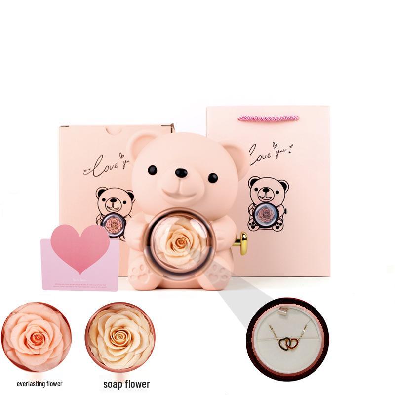 Set Regalo Fiore di Rosa Eterno & Collana con Scatola Portagioie Rotante in Acrilico e Orsacchiotto