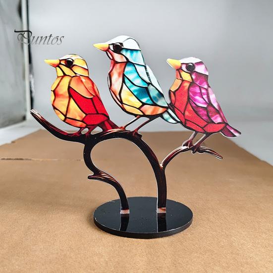 Fine Craftsmanship Bird Statues for Office Acrylic Birds on Branch Desktop Ornament, Colorful Stained Glass Style Nature Themed Gifts Lovers Figurine,