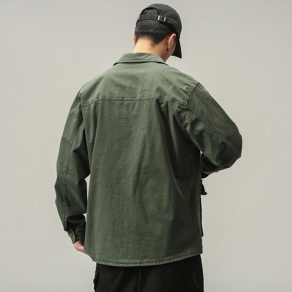 [FJSSLHXK] Men's Work Shirt, Long Sleeve, Cotton, Cargo Shirt, Military Style, Multi-Pocket, Army, Button Closure, Fold-over Collar, Loose Fit, Autumn