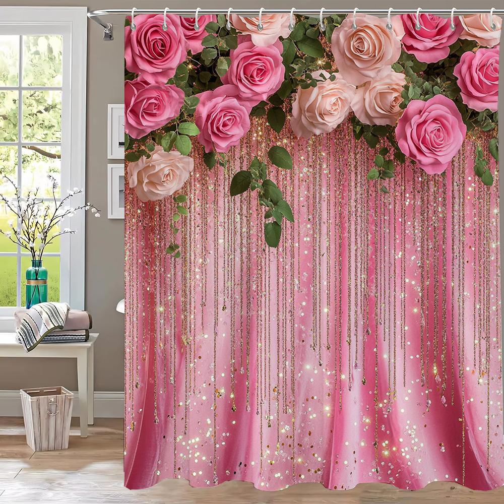 Pink Flower Shower Curtain For Women Bridal Wedding, Pink Flowers Romantic Suitable For Girls Hanging Curtain With Hooks