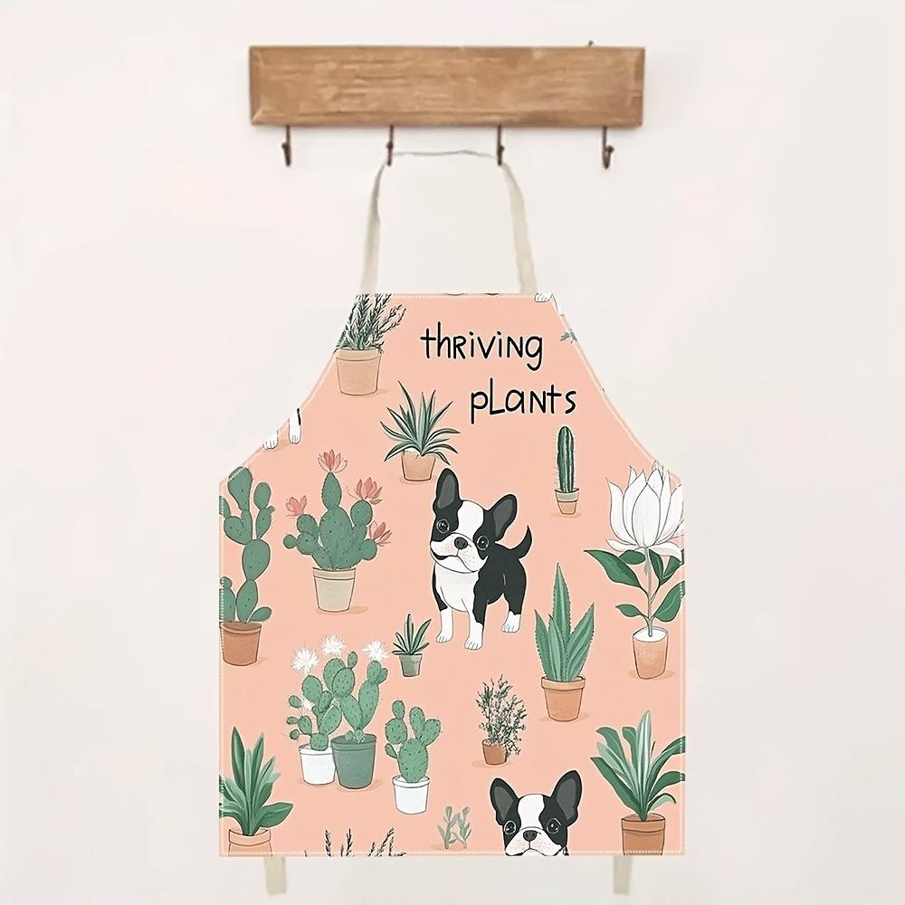 1pc Cute Boston Terrier Dog And Plants Pattern Kitchen Apron For Women Gardening Cooking Baking BBQ Linen Fabric Unisex