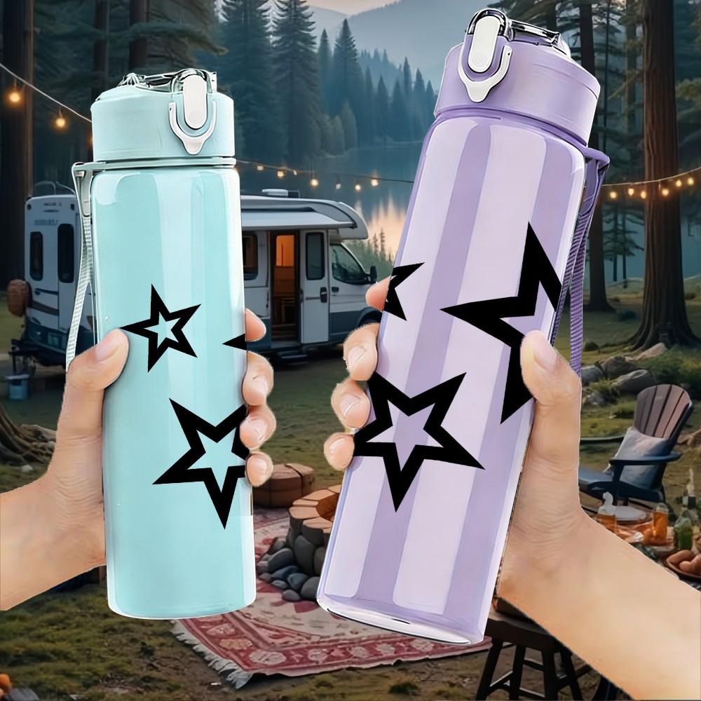 1PC Three Scattered Black Stars 750ml Color Plastic Sports Water Bottle Leakproof Flip Straw Lid Suitable for Sports Office Home Use