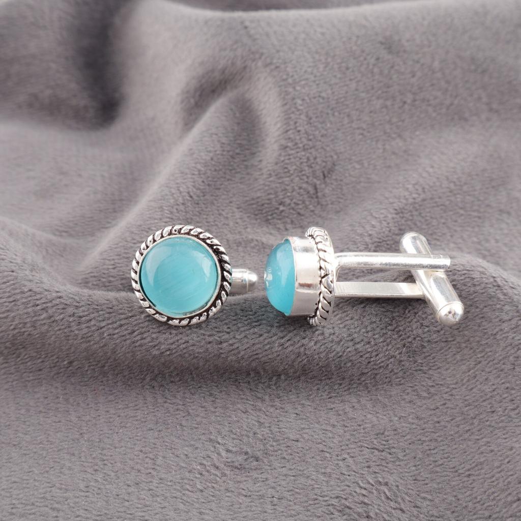 Natural Blue Cat's Eye Gemstone 925 Sterling Silver Handmade Men Cufflinks 0.51" CL-3-27