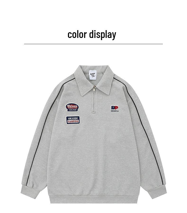 Wild Man Trendy American Letter Embroidery Waffle Knit Sweatshirt, Spring/Autumn Academy Style Half-Zip Polo