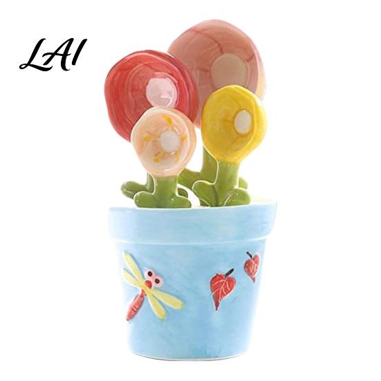Keukengerei Cadeauset 4 Stuks Bloemen Maatlepels Set Keramische Stapelbare Bekers