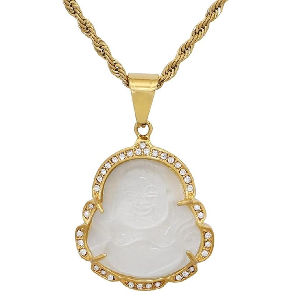 COLORFUL BLING Lucky Laughing Buddha Pendant Necklace Green Jade CZ Gemstone Amulet Jewelry for Women Men