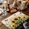 4pcs Rustic Style Sunflower and Butterfly Faux Linen Placemats, 12x18 Inches - Washable Kitchen & Party Table | Machine-Washable Dining Tablescape
