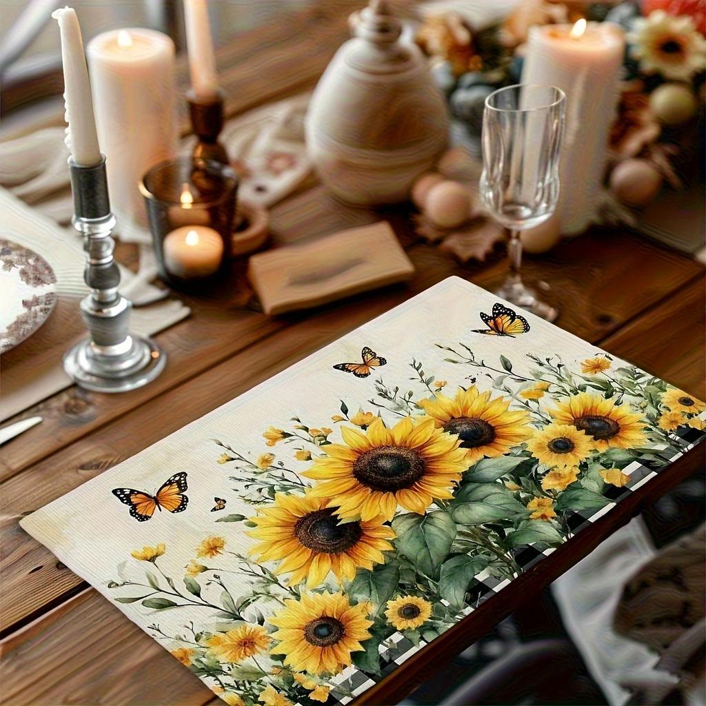 4pcs Rustic Style Sunflower and Butterfly Faux Linen Placemats, 12x18 Inches - Washable Kitchen & Party Table | Machine-Washable Dining Tablescape