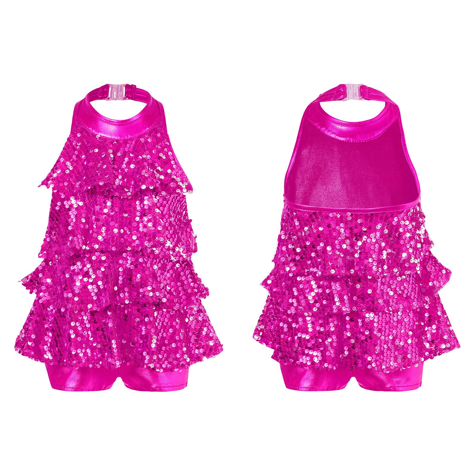 Abbigliamento da ballo per bambine e ragazze, con scollo all'americana, paillettes lucide, costume da danza jazz, vestito corto unitario 7-8 Years