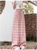 Women's Blue Ice Silk Plaid High-Waisted Wide-Leg Pants - Spring/Summer 2026 Collection