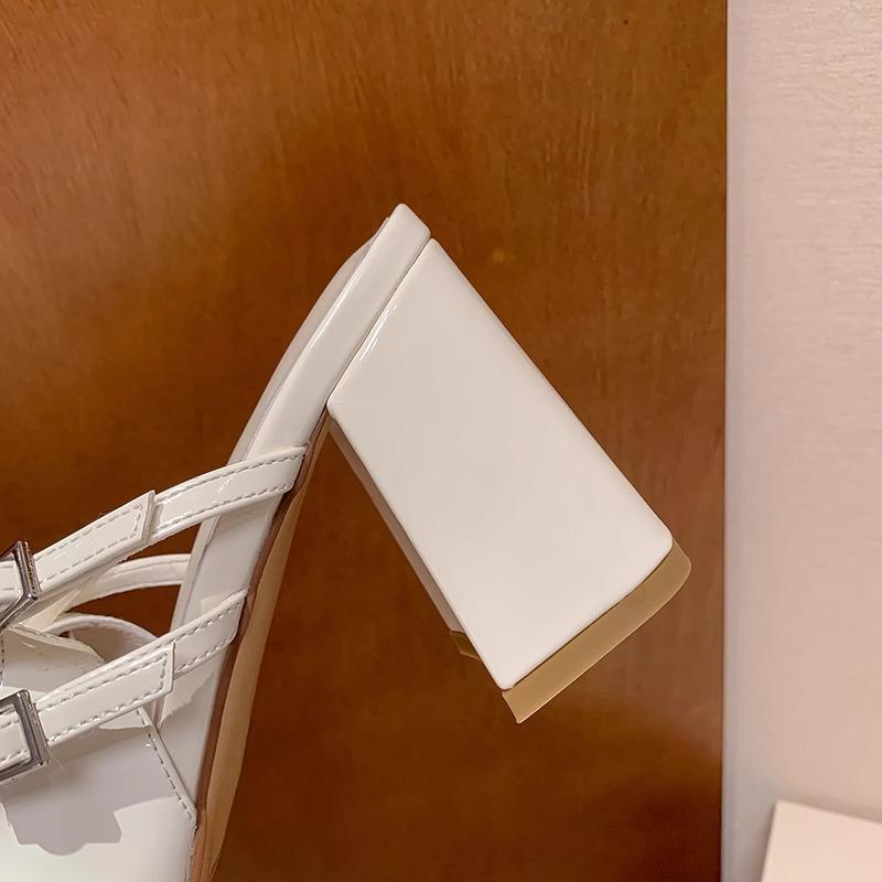 2025 summer new bag head sandals women's French thick heel buckle Mary Jane shoes white high heels silver single shoes