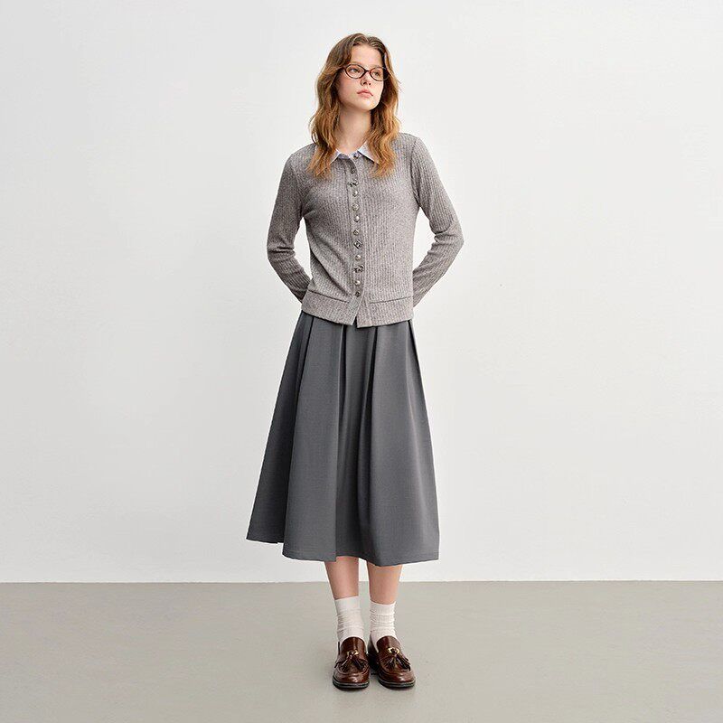 Plus-Size Women s Clothing [College Style] Fake Two-Piece Patchwork Shirt 2026 Spring College Style Fashion Set Gray-Skirt 1 piece