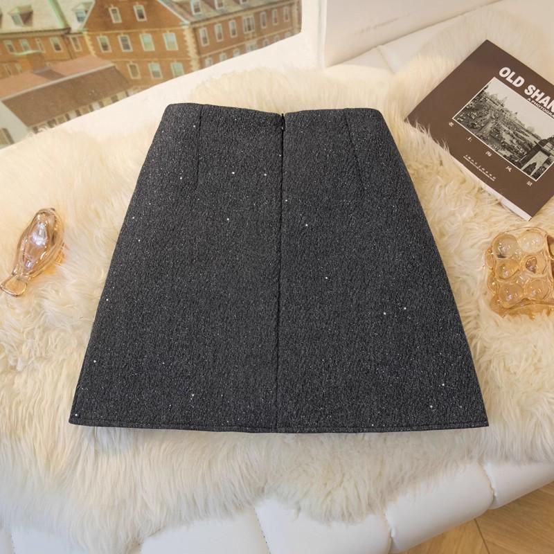 Chic Pleated Sequin Wool-Blend High-Waisted A-Line Skirt - Anti-Exposure, Versatile for Autumn/Winter