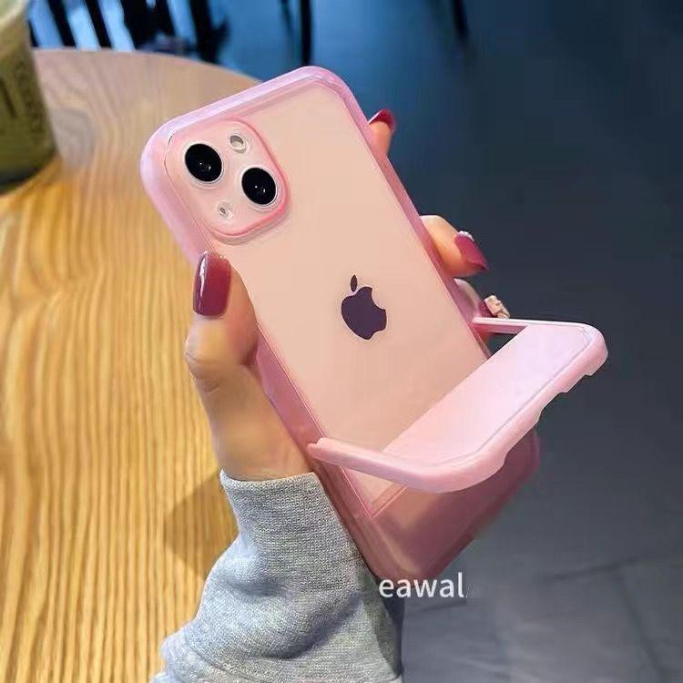 

Складная невидимая подставка прозрачный противоударный чехол для iphone 11 12 13 14 15 16 17pro Max силиконовый защитный чехол для объектива камеры держатель для телефона For iphone 11Pro Max розовый