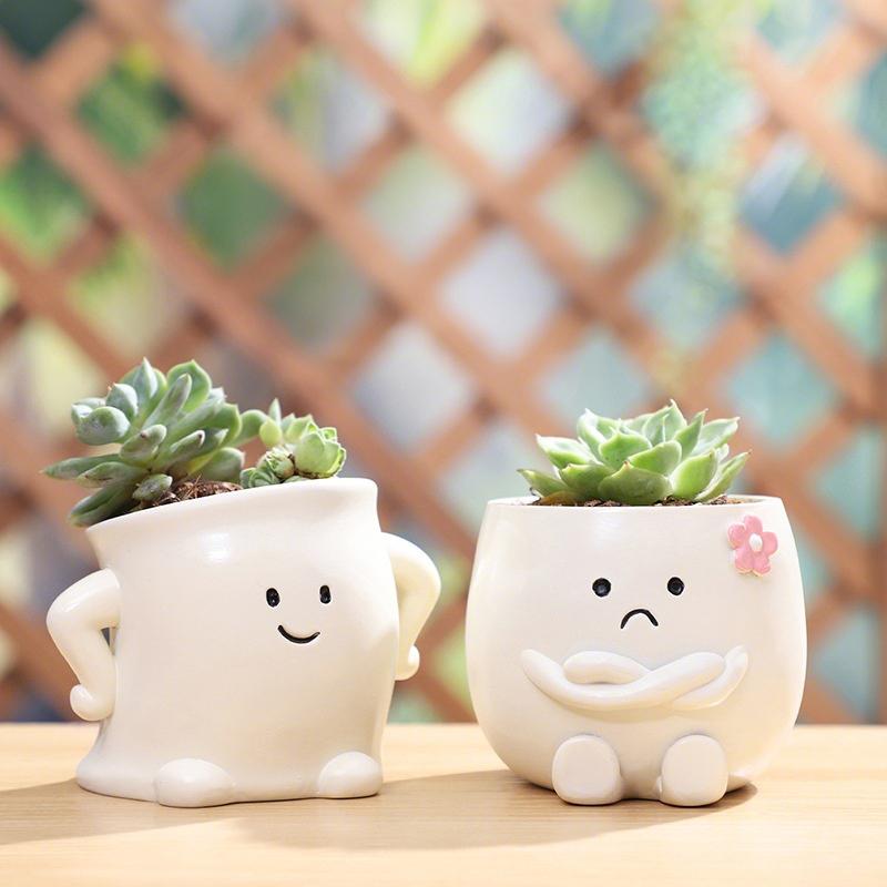 Smiley Face Mini Plant Pot Resin Succulent Planter for Home Office Desk Decorative Ornament Fairy Garden Flowerpot Decoration