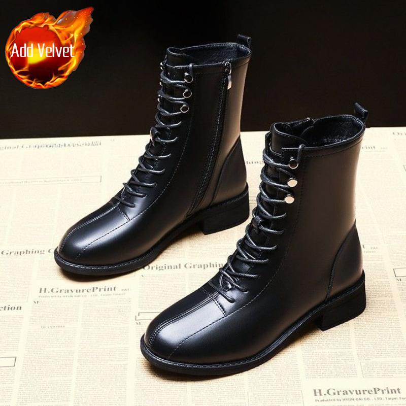 

Модные женские полусапоги на среднем каблуке, на шнуровке, с круглым носком, осенне-зимние, на флисовой подкладке, тренд 2025, Y2k, готические, горячие, до середины икры 40