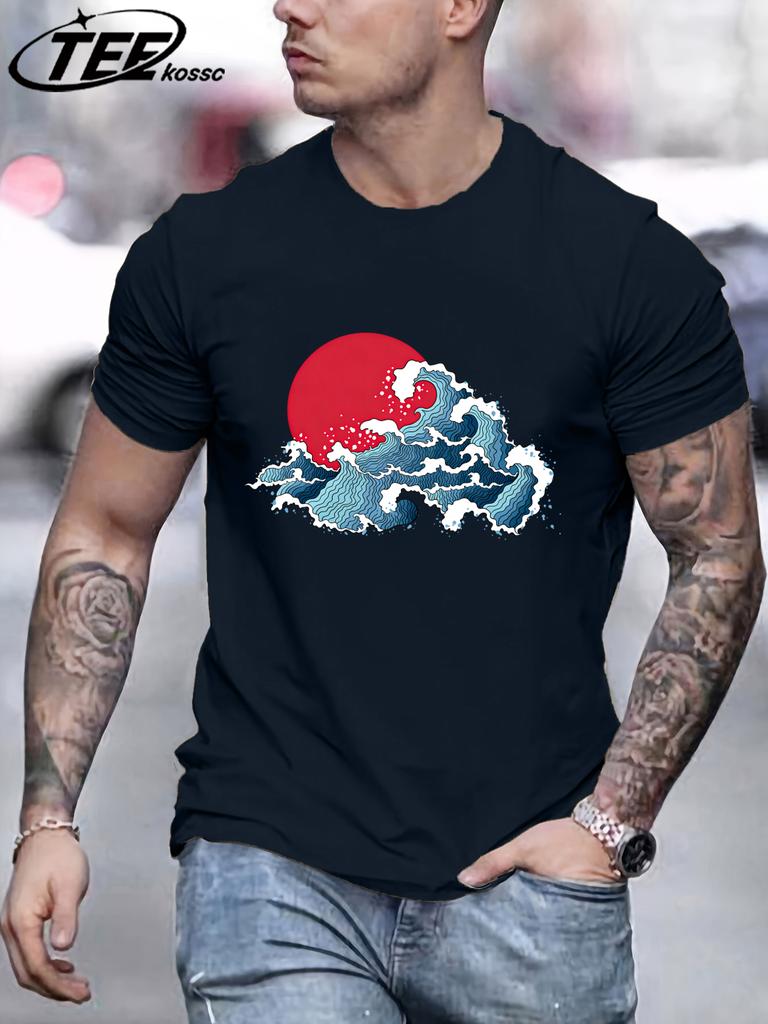 Japansk Solnedgång Vågor T-shirt För Män Sommar Casual Retro Kläder Bomull Trendig Mjuk T-shirt Unisex Rund Hals AllMatch Lös Topp
