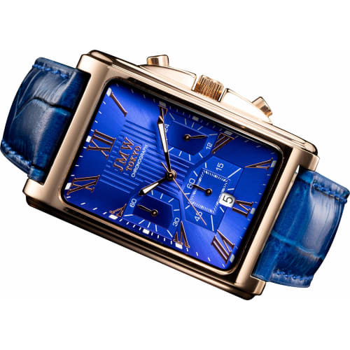 

JMW TOKYO Men s Square Watch, Blue & Rose Gold, Rectangular Chronograph, Limited Edition Seiko Quartz Movement, Leather Band, Genuine Leather, Simple