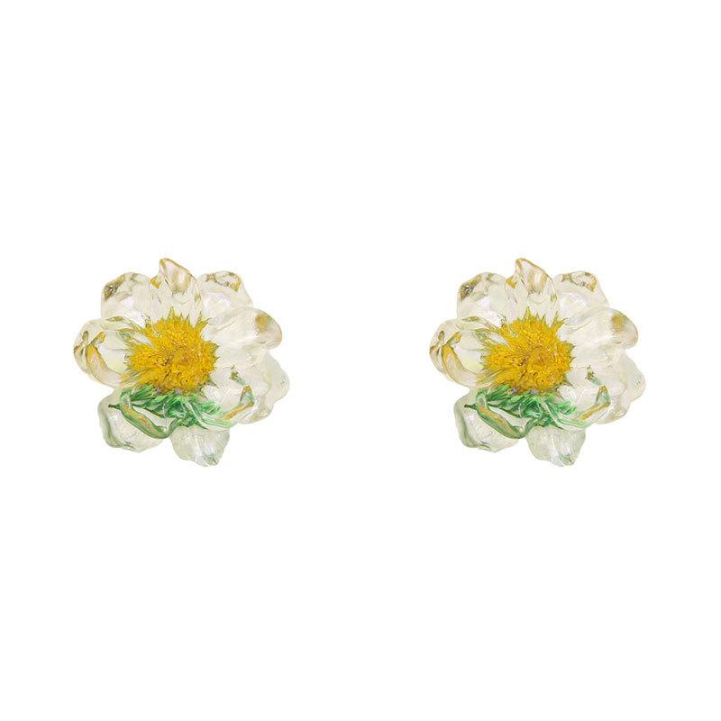 Summer Small Fresh Dried Flower Small Daisy Resin Earrings Girlish Lily Stud Earrings Sweet Cute Wind Daily Earrings