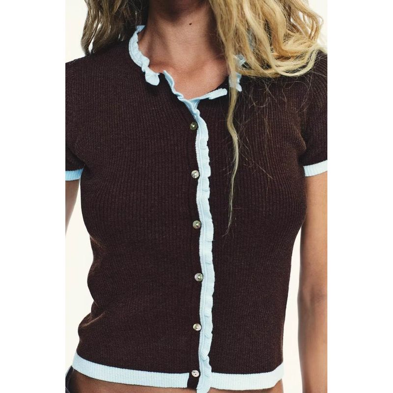 Zbzr Spring New Women clothes Western Style Fashion Slim fit Contrast Color Knitted round Neck Short sleeve Outerwear 0014114