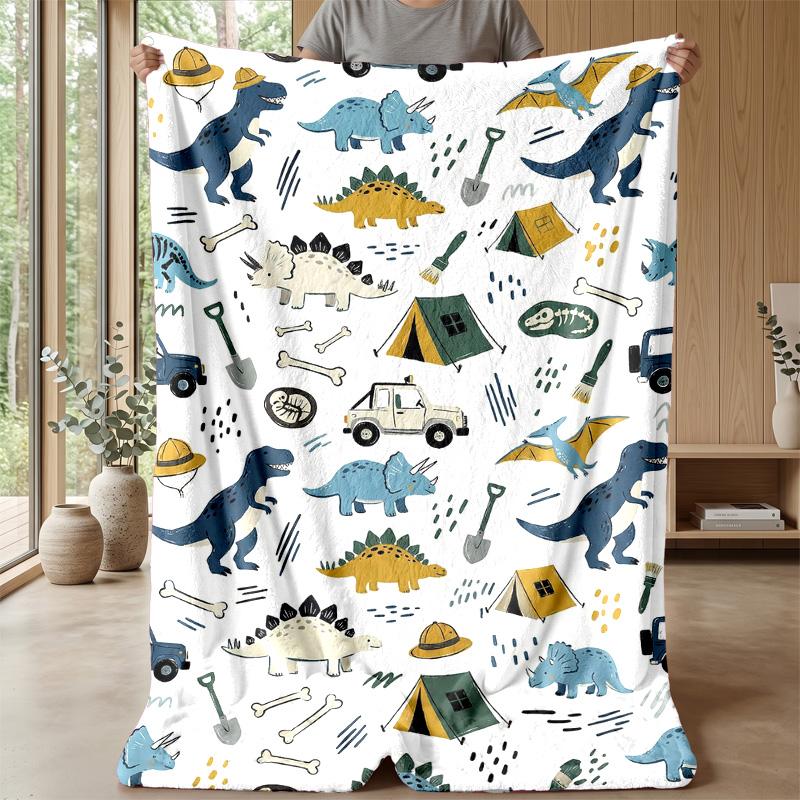 Dinosaur Driving Off-Road with Lightning Blanket Personalized Name Flannel Blanket Soft Cozy Plush Throw for Sofa Bed Lightweight Home Decor