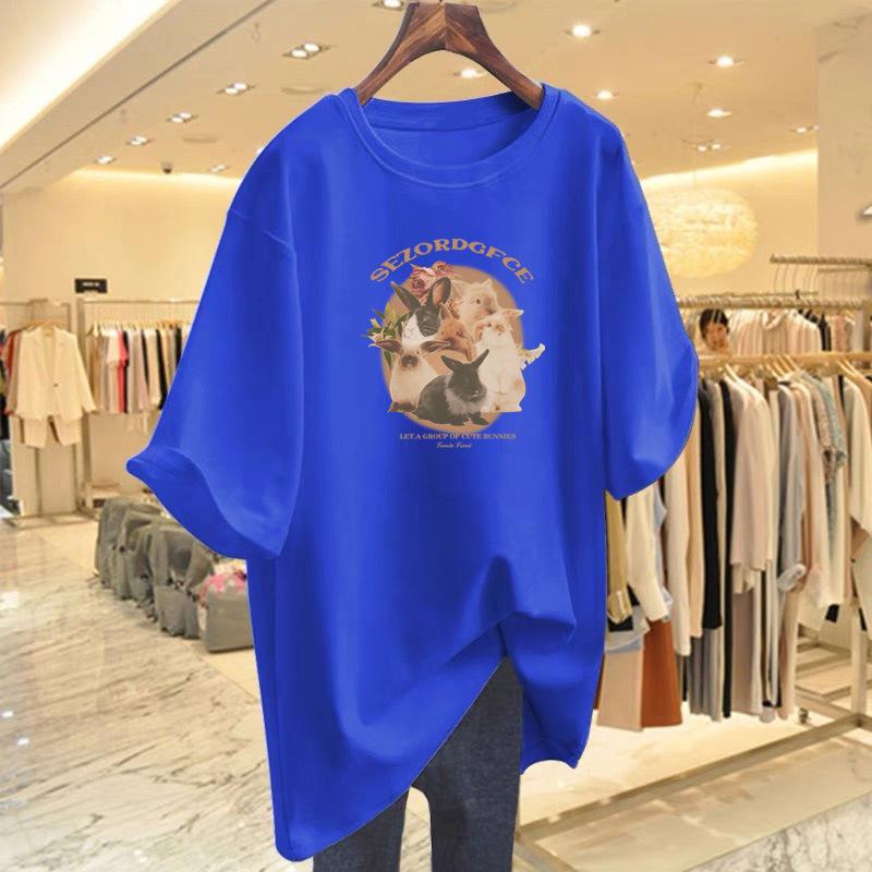 Pure Cotton Loose Printing Versatile Age-reducing T-shirt Large Size Cartoon Short-sleeved Women's New Medium and Long Models