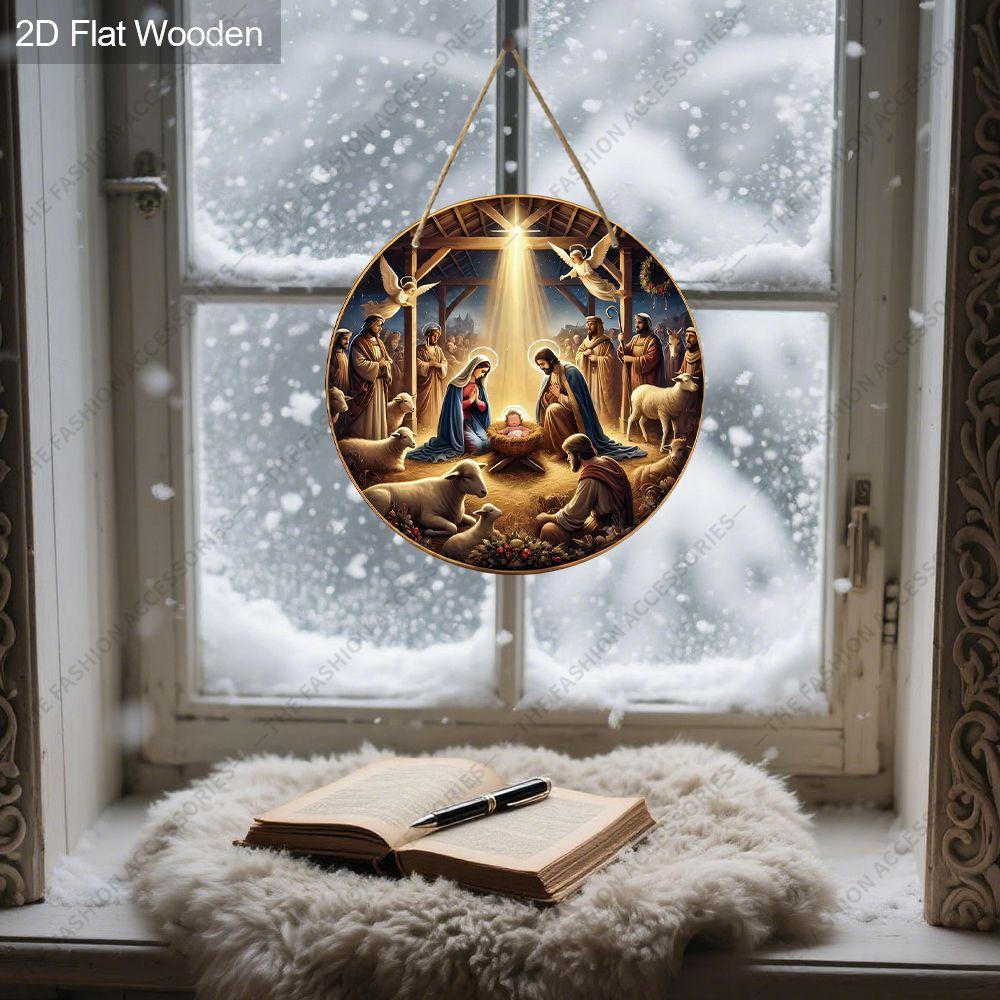 Nativity Scene Holy Family Angel Sheep Round Wooden Hanging Sign, Christmas Religious Wall Door Decor