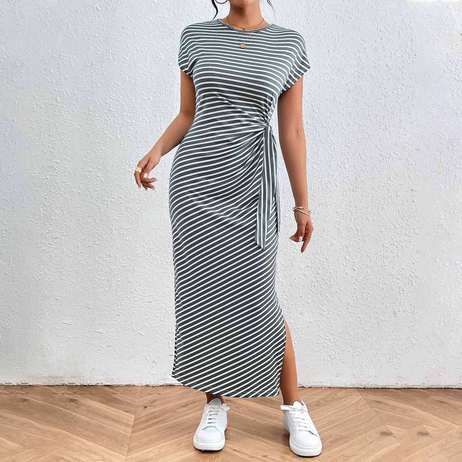 

Женское модное платье с круглым вырезом в полоску, короткими рукавами, облегающим кроем и разрезом для похудения XL