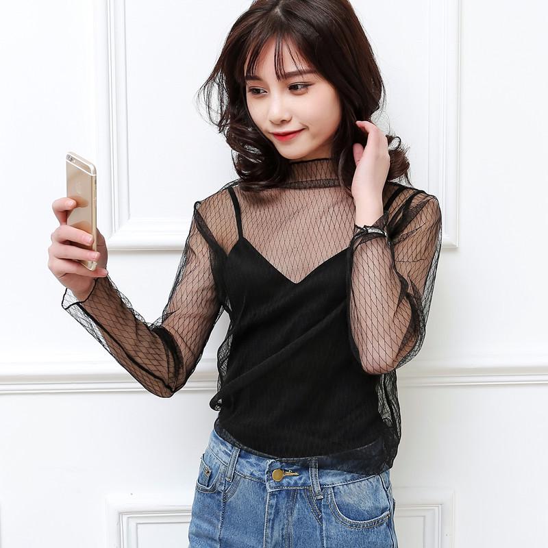 Dámský top s dlouhým rukávem z průsvitné černé síťoviny v korejském stylu
