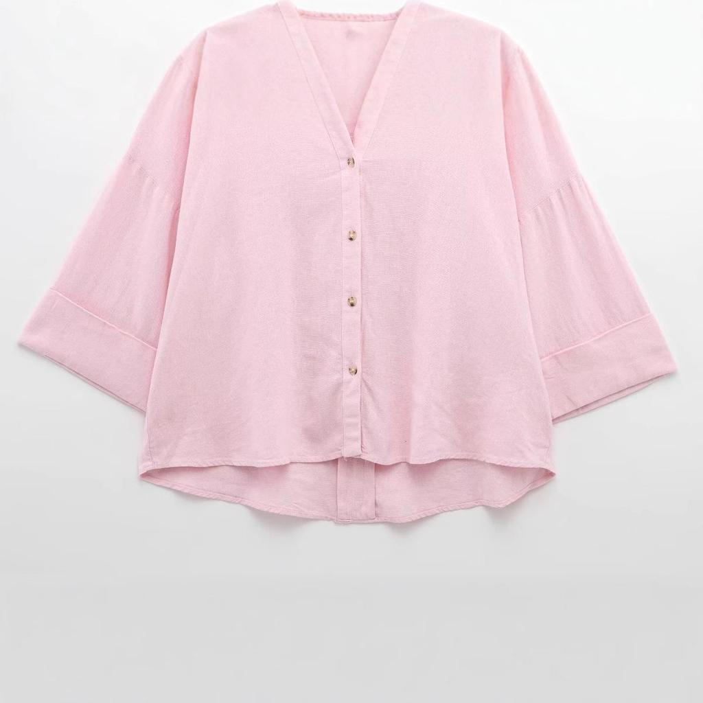 2025 Spring Women's European Fashion Linen Blend Wide Sleeve Shirt