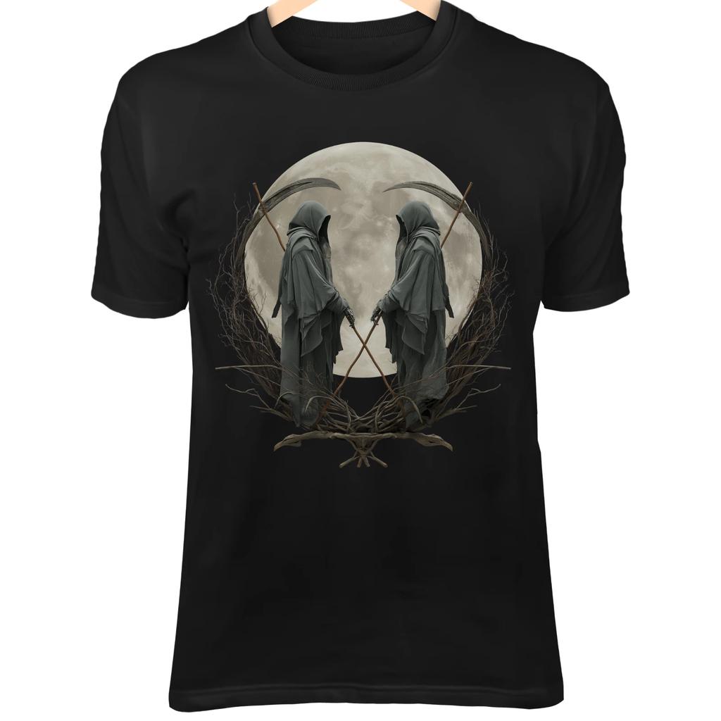 Twin Reapers T-Shirt – Symmetrical Gothic Pose, Full Moon, Dual Weapon Death Art