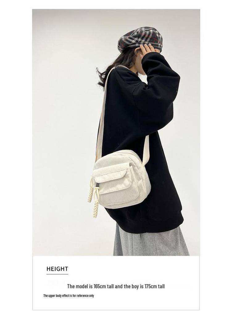 Torba na ramię i crossbody z sztruksu na wiosnę 2024 dla dziewcząt - Styl kampusowy, Jednolity kolor, Mała, Modna