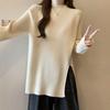 Women's Plus Size Ribbed Knit Split Long Sleeve Top, Autumn/Winter Korean Style, Half-High Neck, Loose Slimming Fit