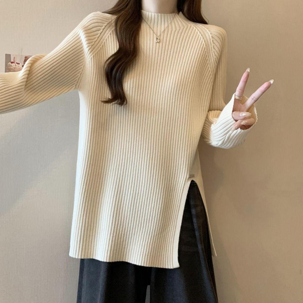 Women's Plus Size Ribbed Knit Split Long Sleeve Top, Autumn/Winter Korean Style, Half-High Neck, Loose Slimming Fit