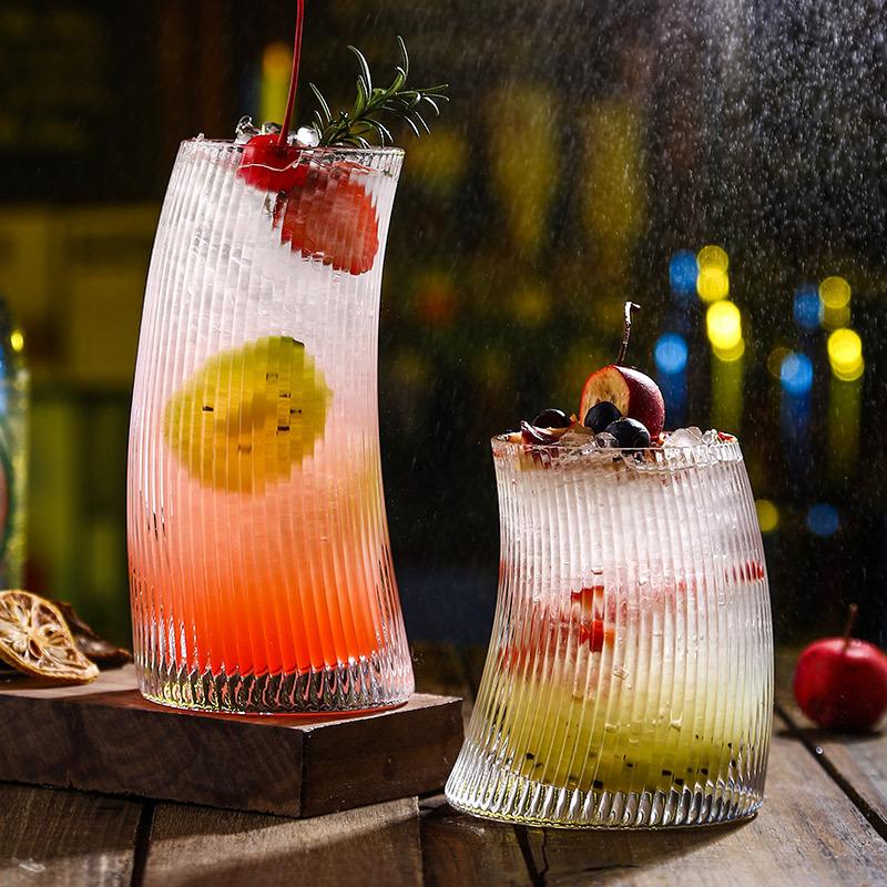 11-17oz Ribbed Glass Tumbler Crescent Moon Shaped Highball Cocktail Cups Yacht Drinkware