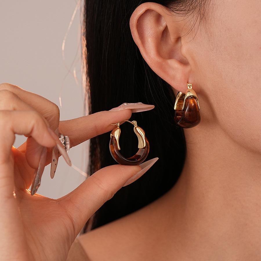 European And American Retro Brown Resin Letter U-shaped Geometric Hoop Earrings For Women Fashion Simple Metal Jewelry Gifts