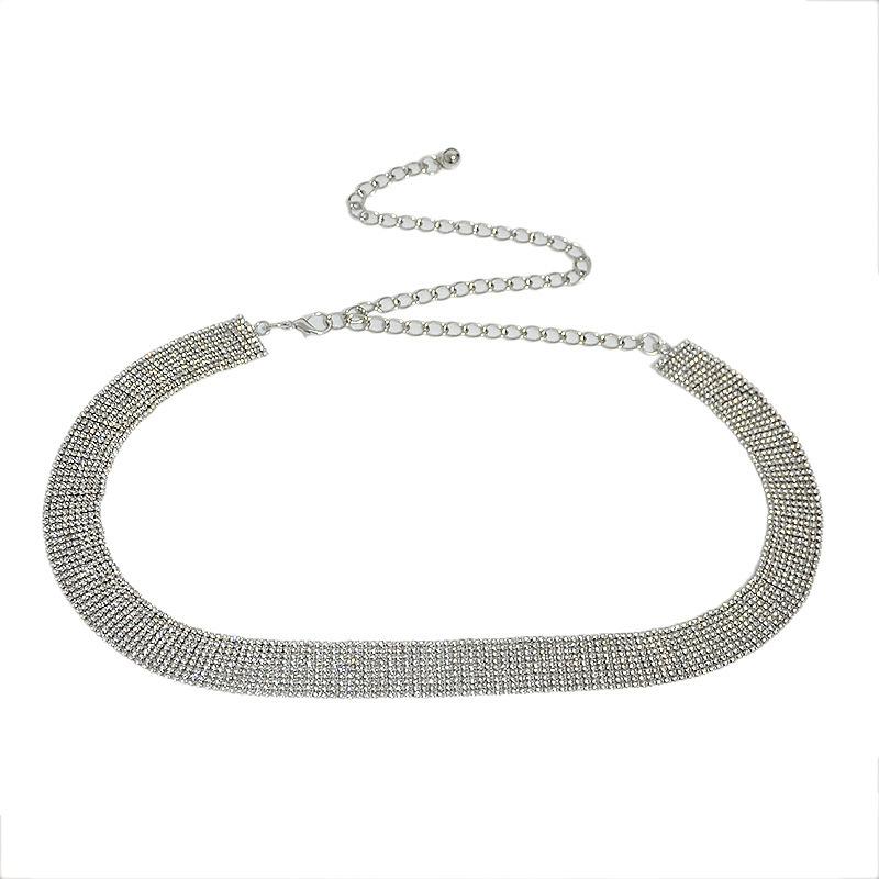 Wide waist metal dress belt sexy luxury nine-row rhinestone diamond metal waist chain серебряный
