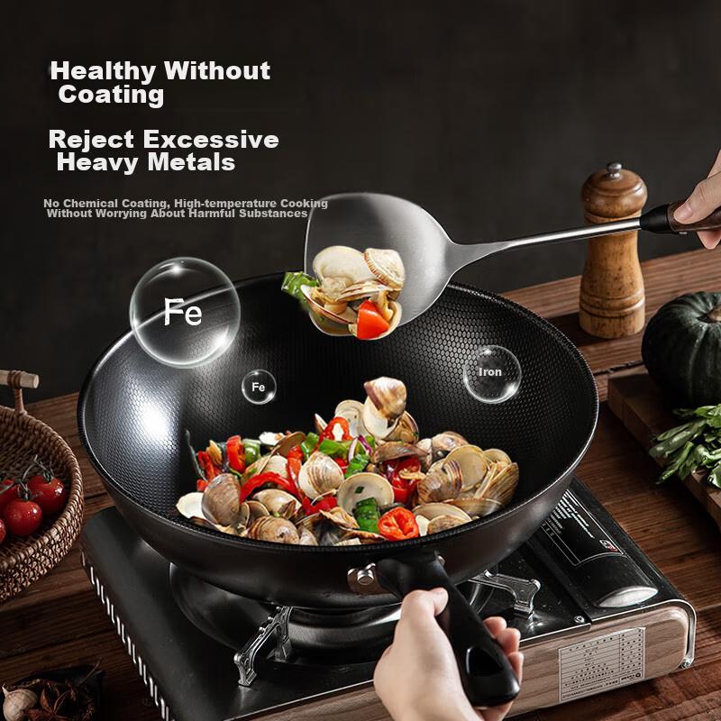 Wok Iron Pan with Lid, 30cm Non-Coated Pure Iron Frying Pan, Nitrided, Compatible with Gas And Induction Stoves MCC4558