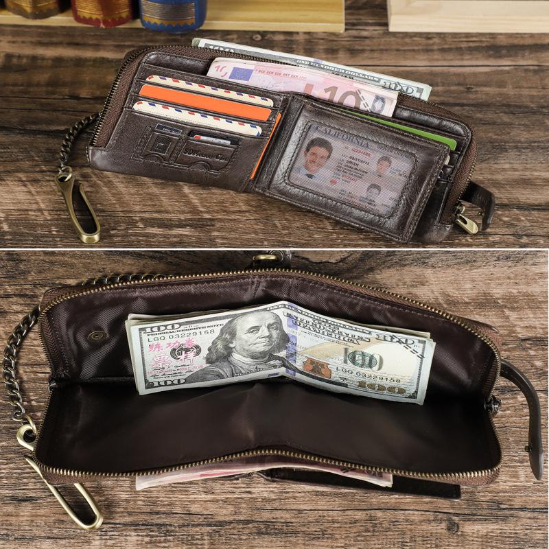Black Angel RFID Anti-Theft Men's Wallet with Cowhide, Chain, Zipper, and Fashion Buckle