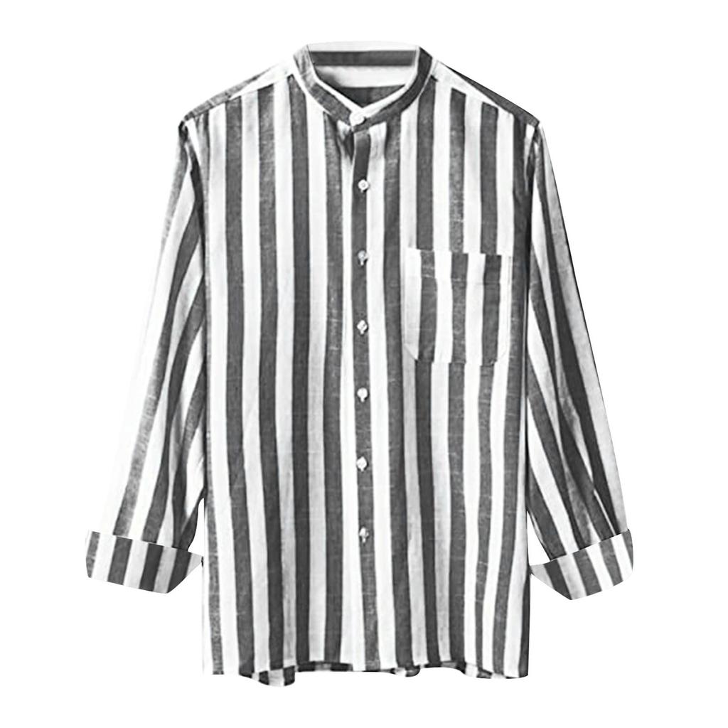 Men's Fashion Casual Pocket Striped Button Long Sleeve Top T Shirt Shirt